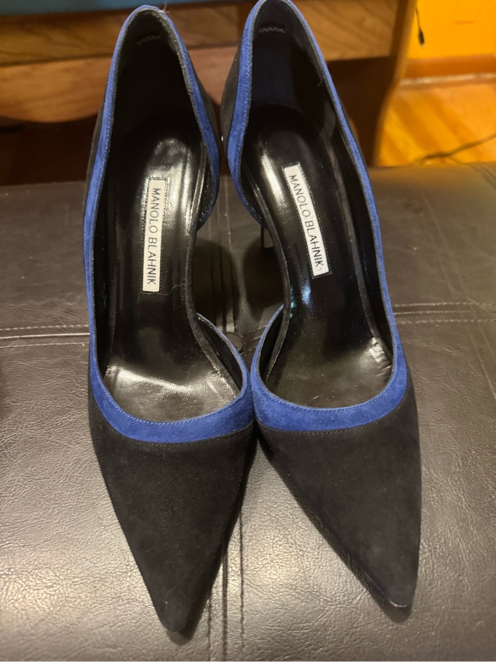 Manolo Blahnik Black Suede Pumps with Blue Trim